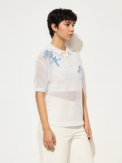 White Crochet Embroidered Polo