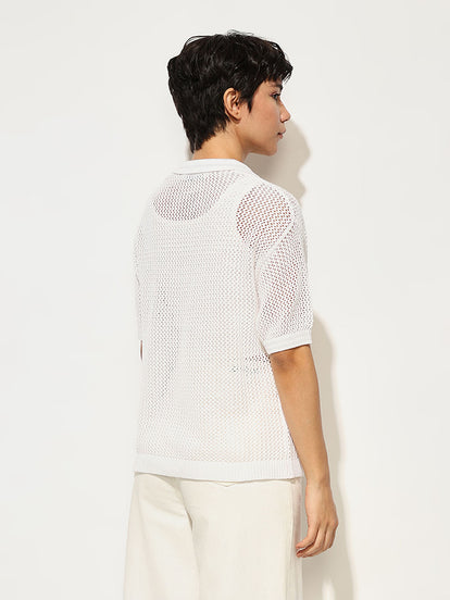 White Crochet Embroidered Polo