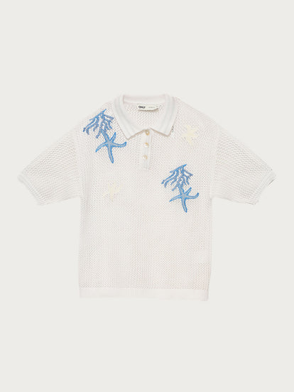 White Crochet Embroidered Polo