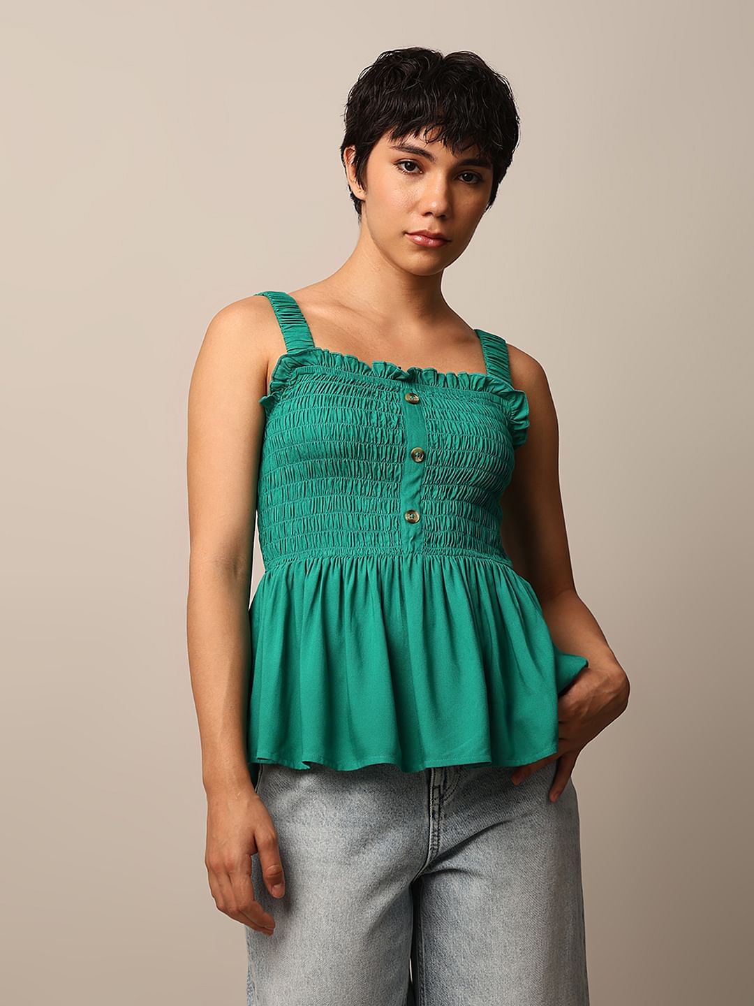 Green Smocked Peplum Top