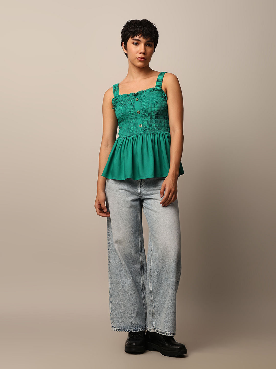 Green Smocked Peplum Top