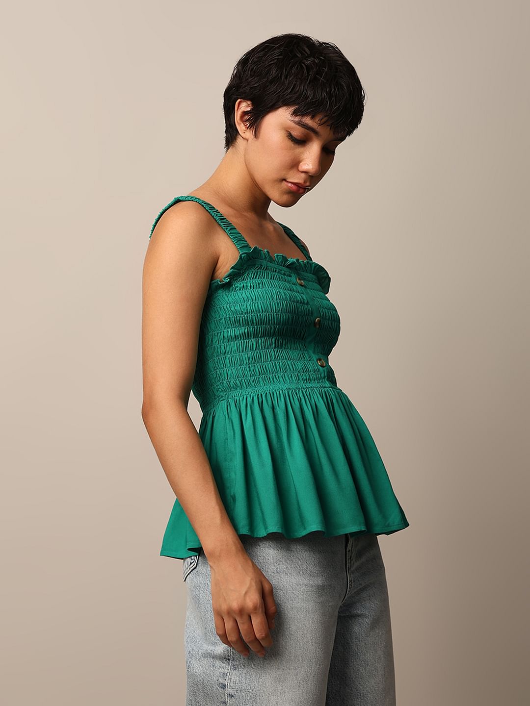 Green Smocked Peplum Top