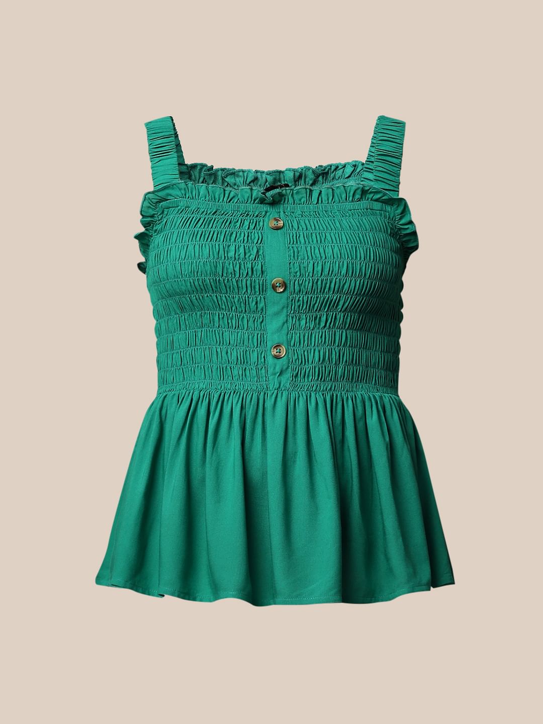 Green Smocked Peplum Top