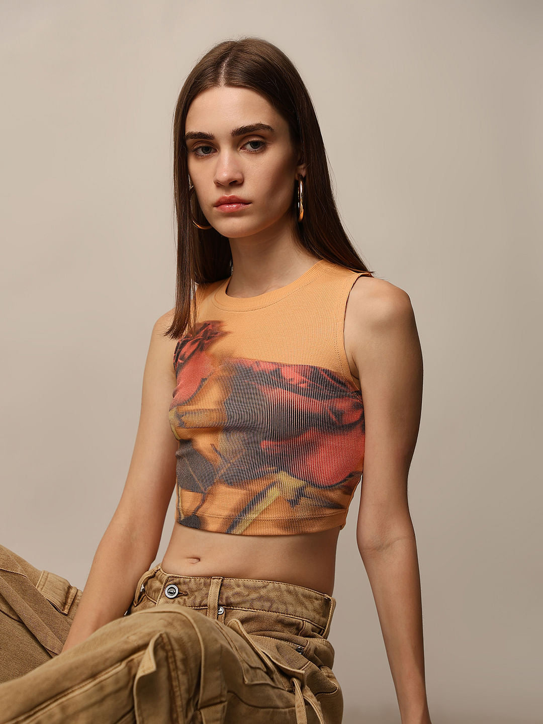 Orange Printed Cropped Top