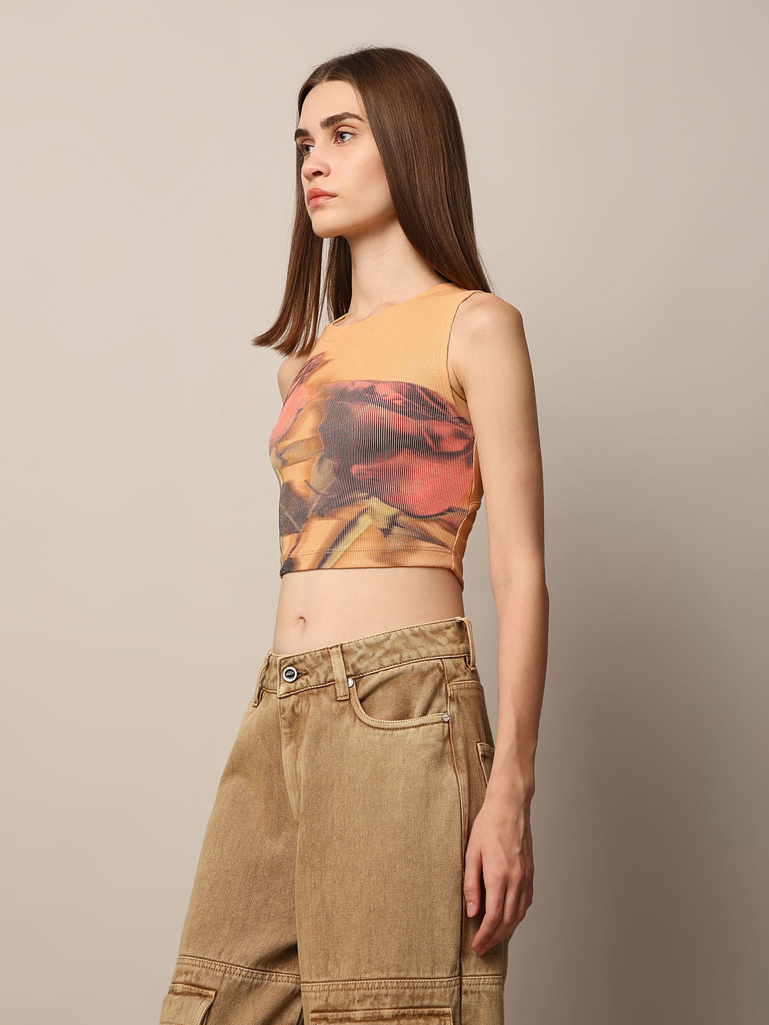 Orange Printed Cropped Top