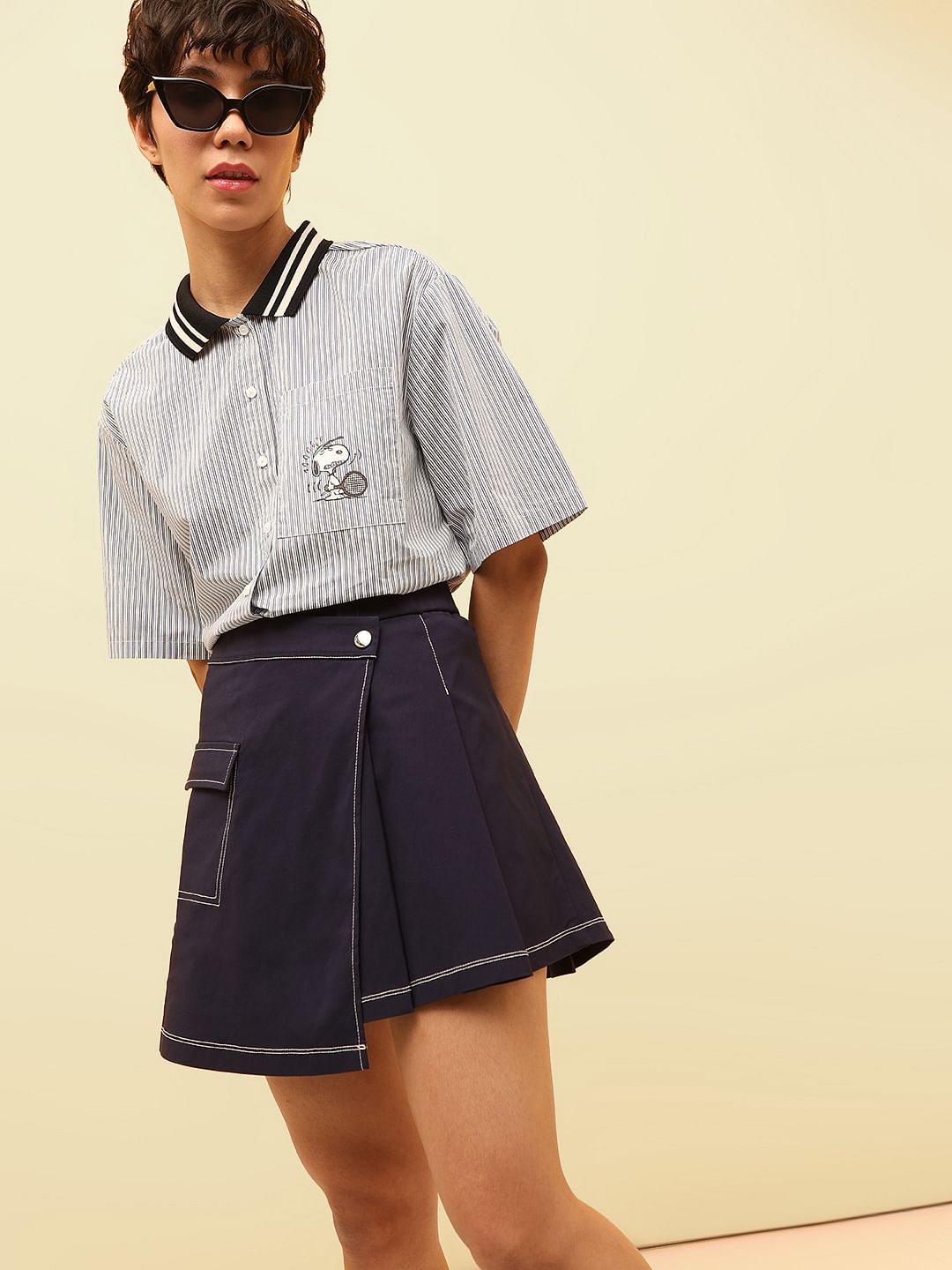 Dark Navy Contrast Stitch Wrap Skirt