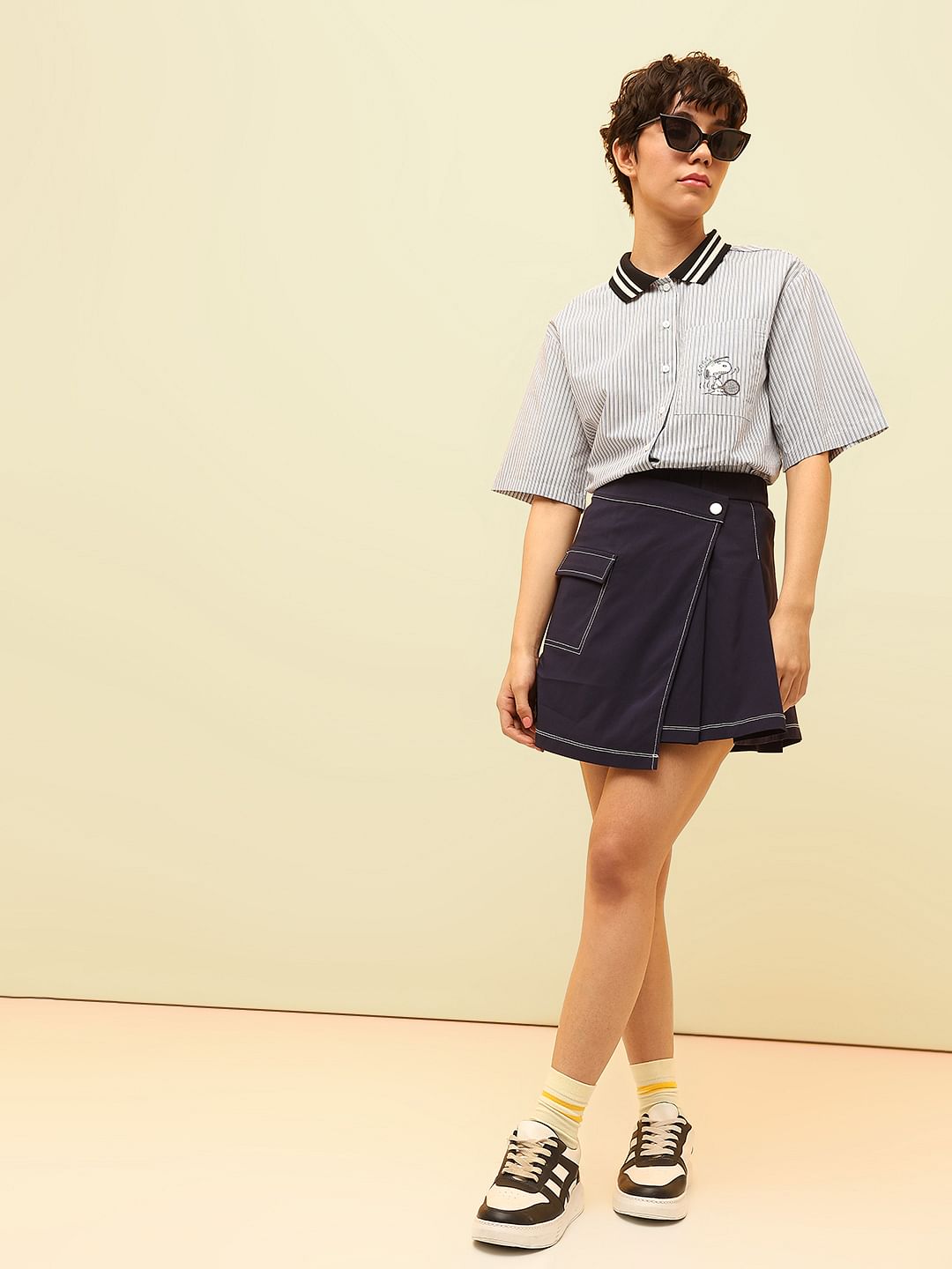 Dark Navy Contrast Stitch Wrap Skirt