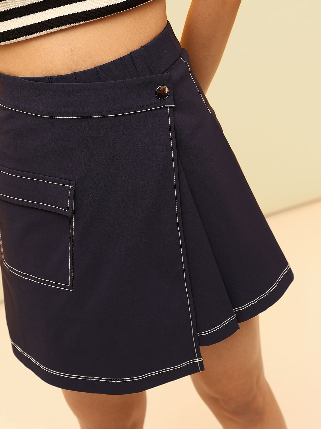 Dark Navy Contrast Stitch Wrap Skirt
