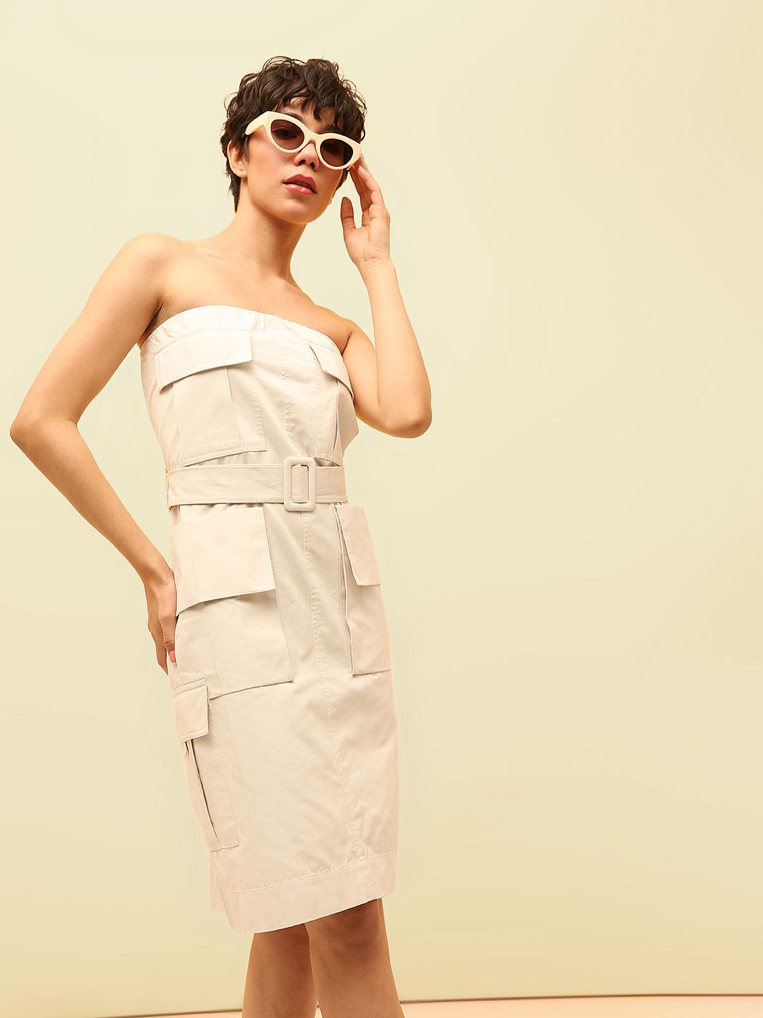 Beige Belted Utility Off-Shoulder Dress