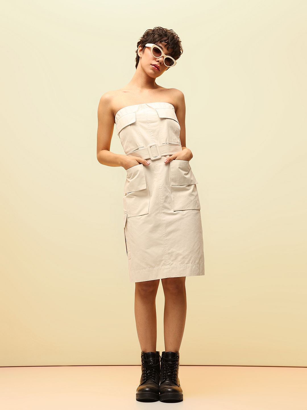 Beige Belted Utility Off-Shoulder Dress
