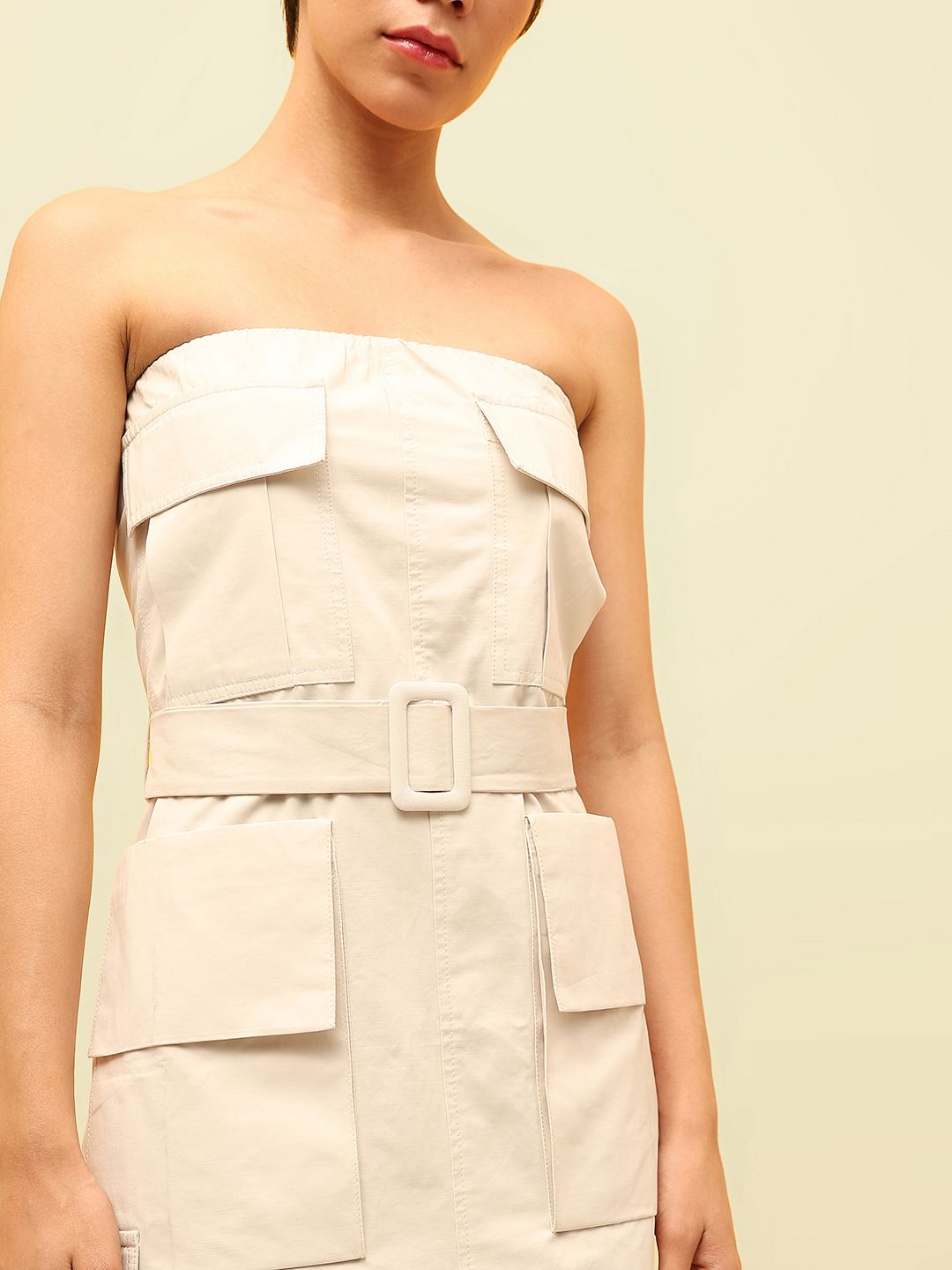 Beige Belted Utility Off-Shoulder Dress