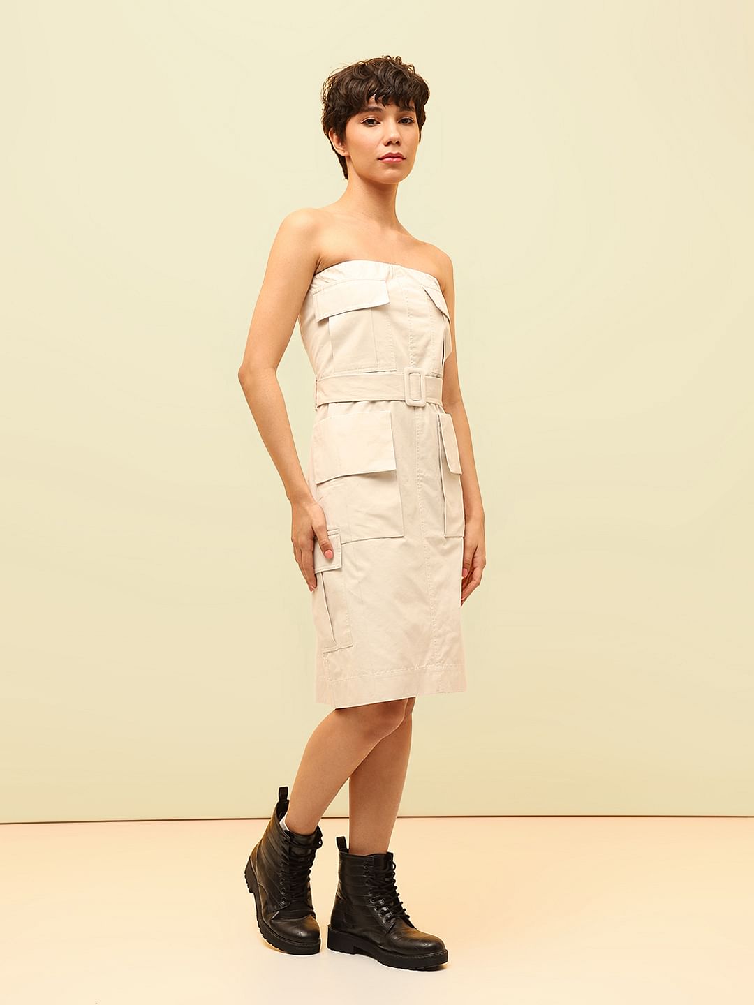 Beige Belted Utility Off-Shoulder Dress