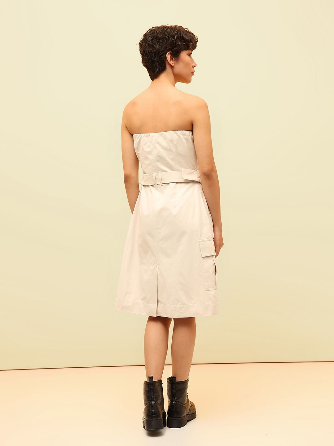 Beige Belted Utility Off-Shoulder Dress