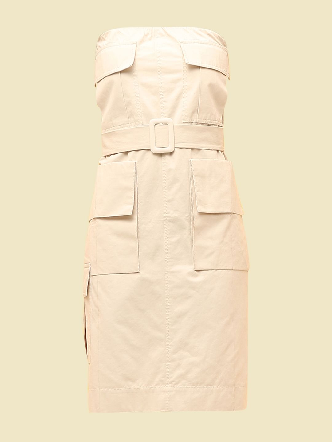 Beige Belted Utility Off-Shoulder Dress