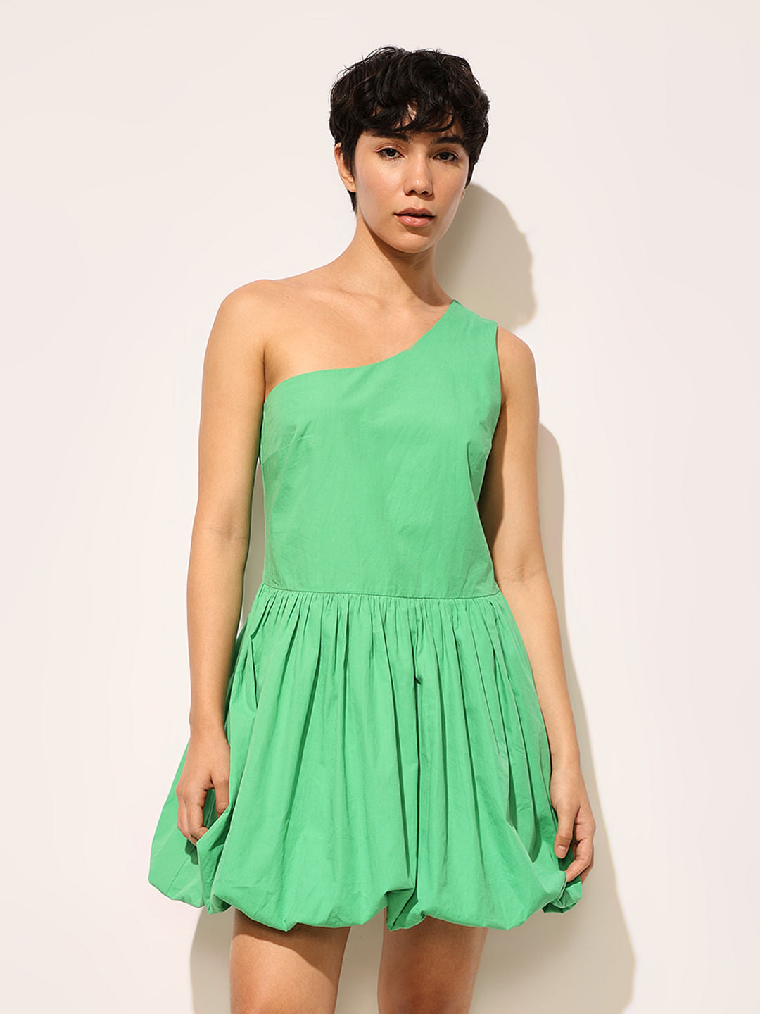 Green Balloon Skirt One Shoulder Dress
