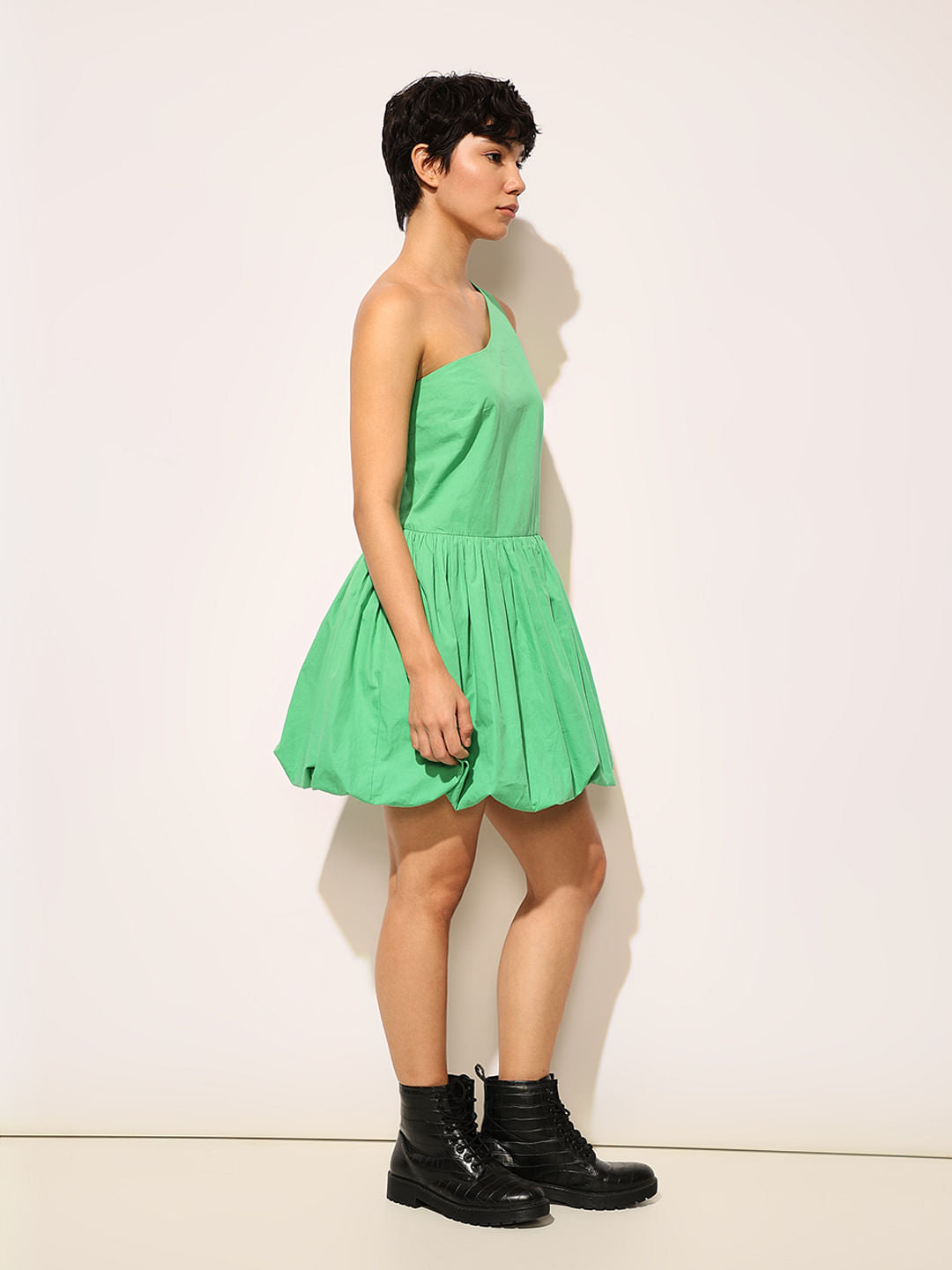 Green Balloon Skirt One Shoulder Dress