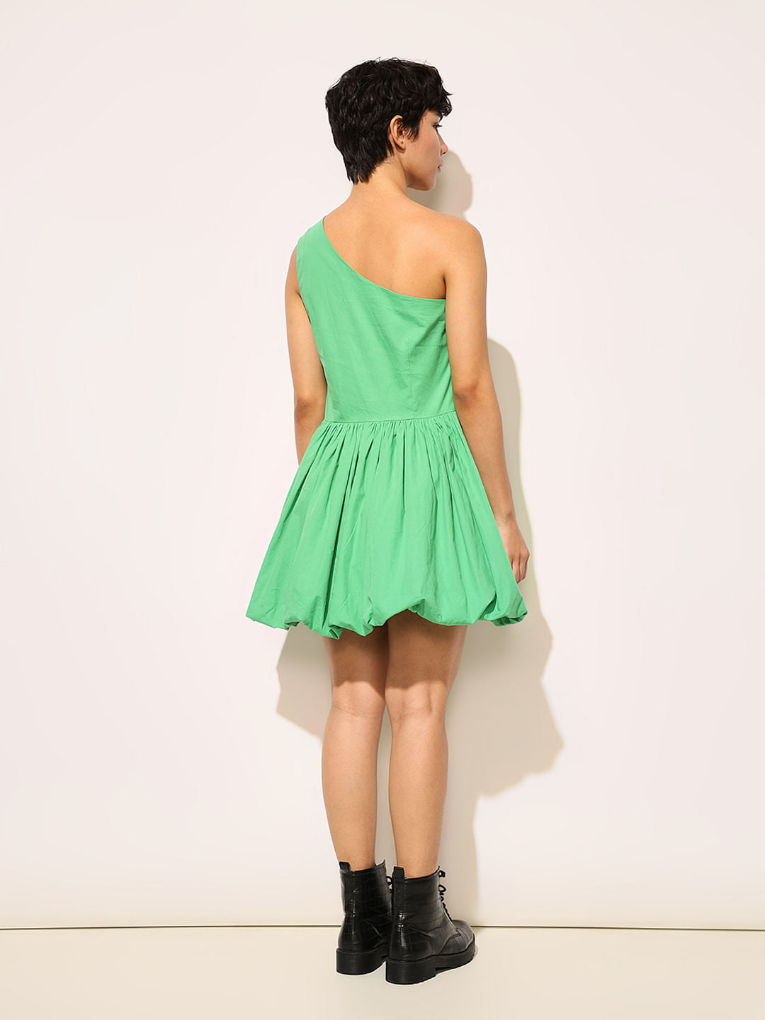 Green Balloon Skirt One Shoulder Dress
