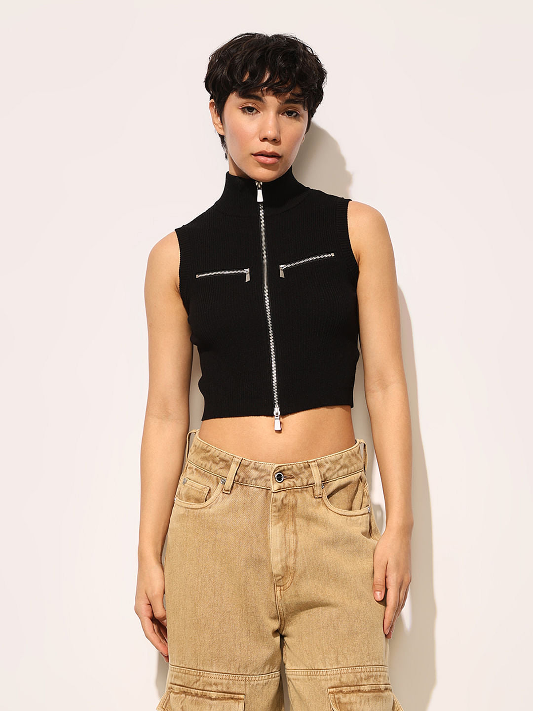 Black Zip Up Knit Top