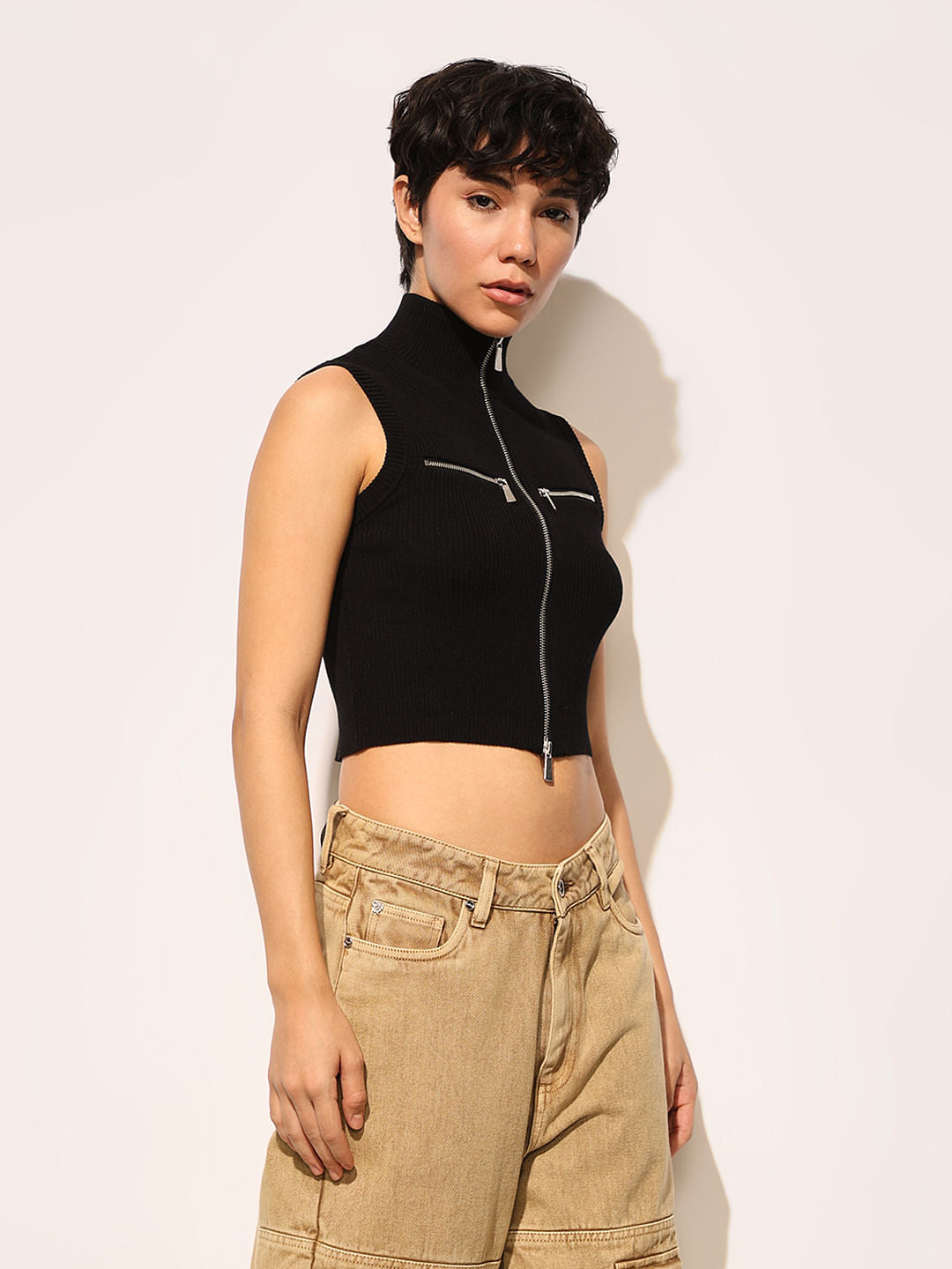 Black Zip Up Knit Top