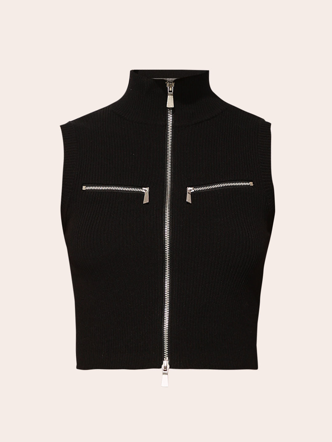 Black Zip Up Knit Top