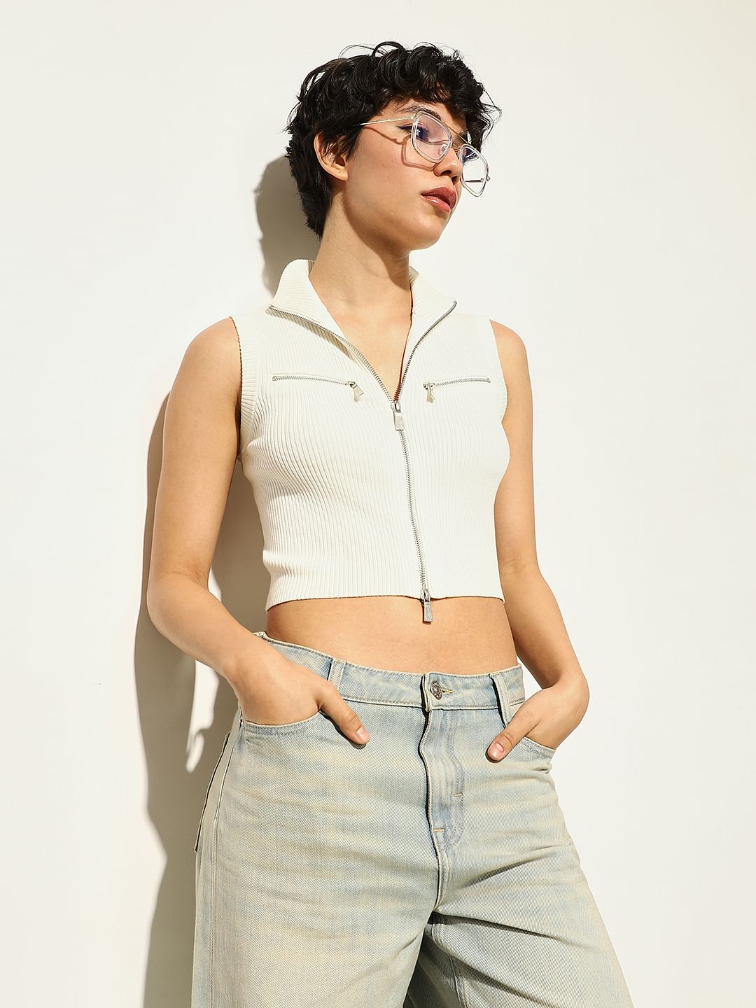 White Sleeveless Crop Top