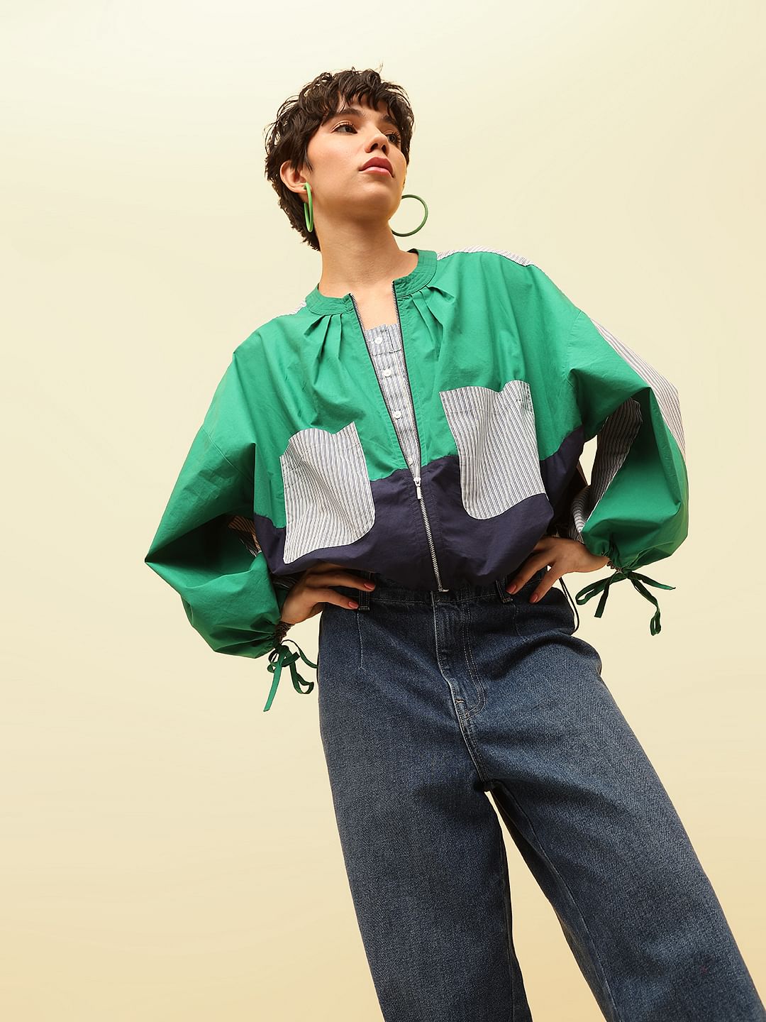 Green Colourblocked Utility Bomber Jacket