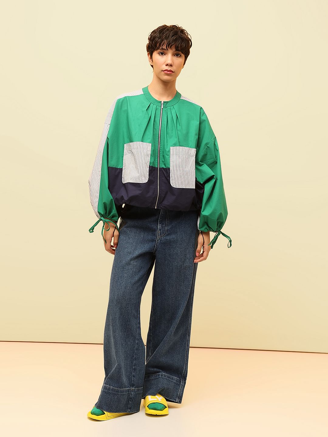 Green Colourblocked Utility Bomber Jacket