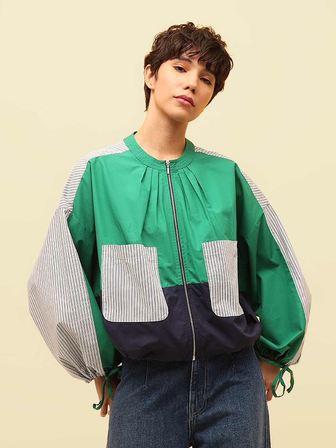 Green Colourblocked Utility Bomber Jacket