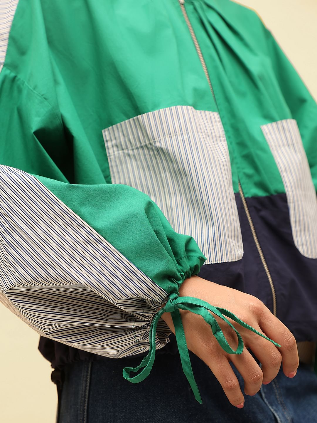 Green Colourblocked Utility Bomber Jacket