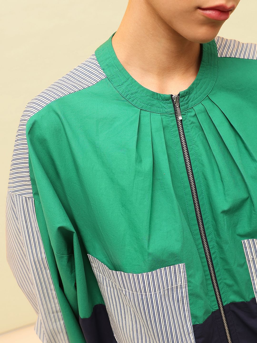 Green Colourblocked Utility Bomber Jacket