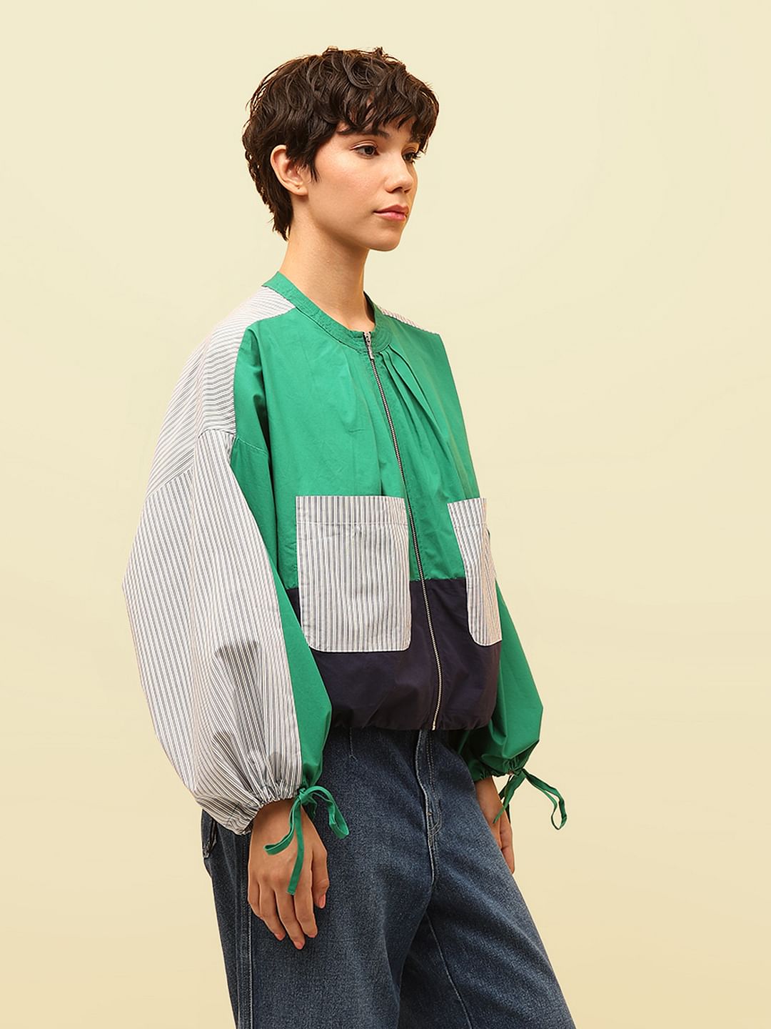 Green Colourblocked Utility Bomber Jacket