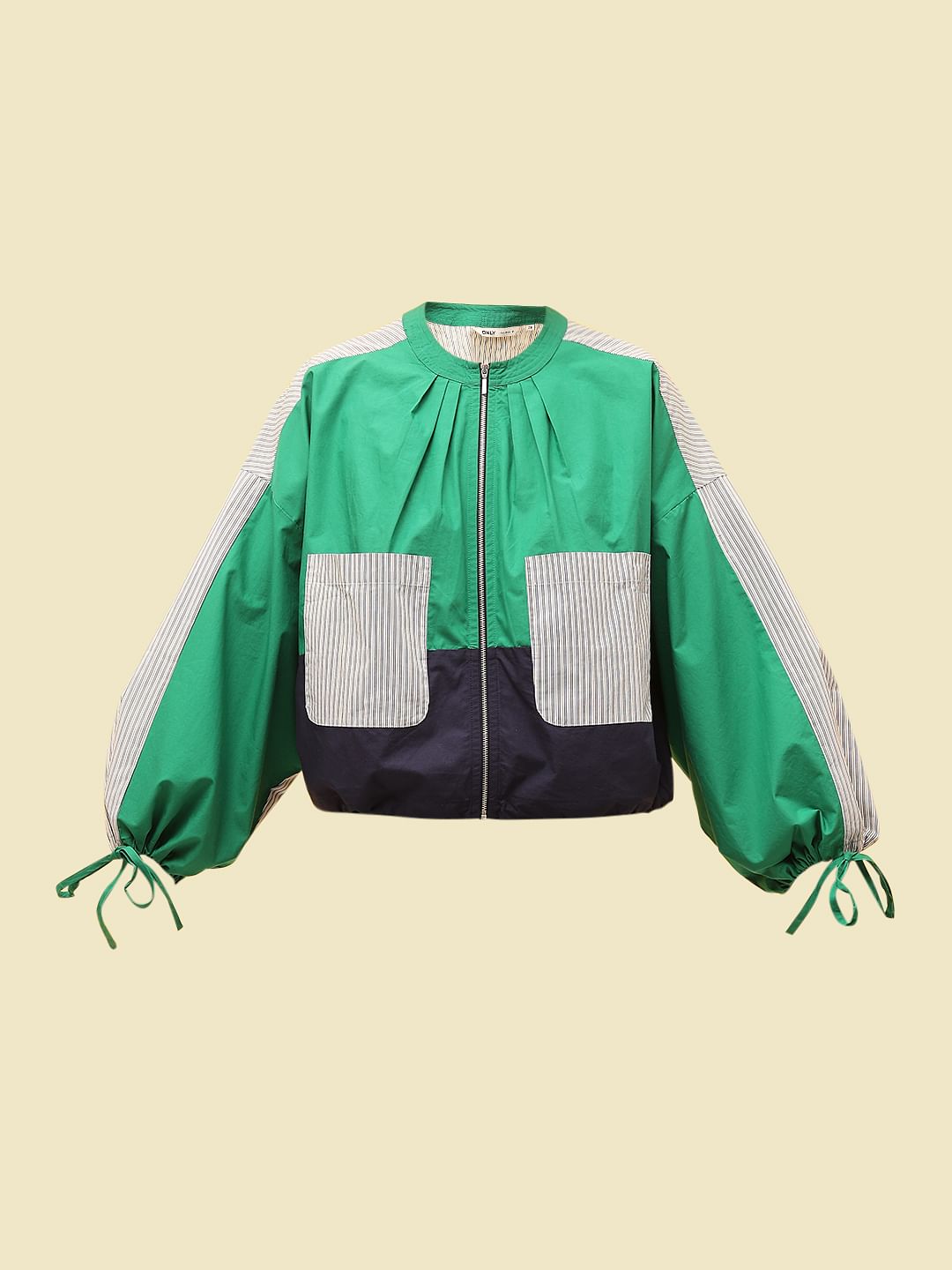 Green Colourblocked Utility Bomber Jacket