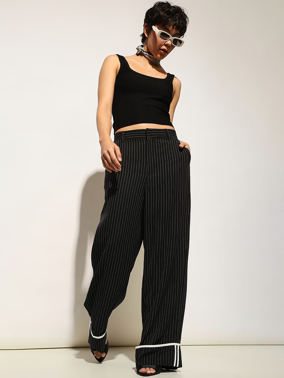 Black Striped Turn-Up Pants