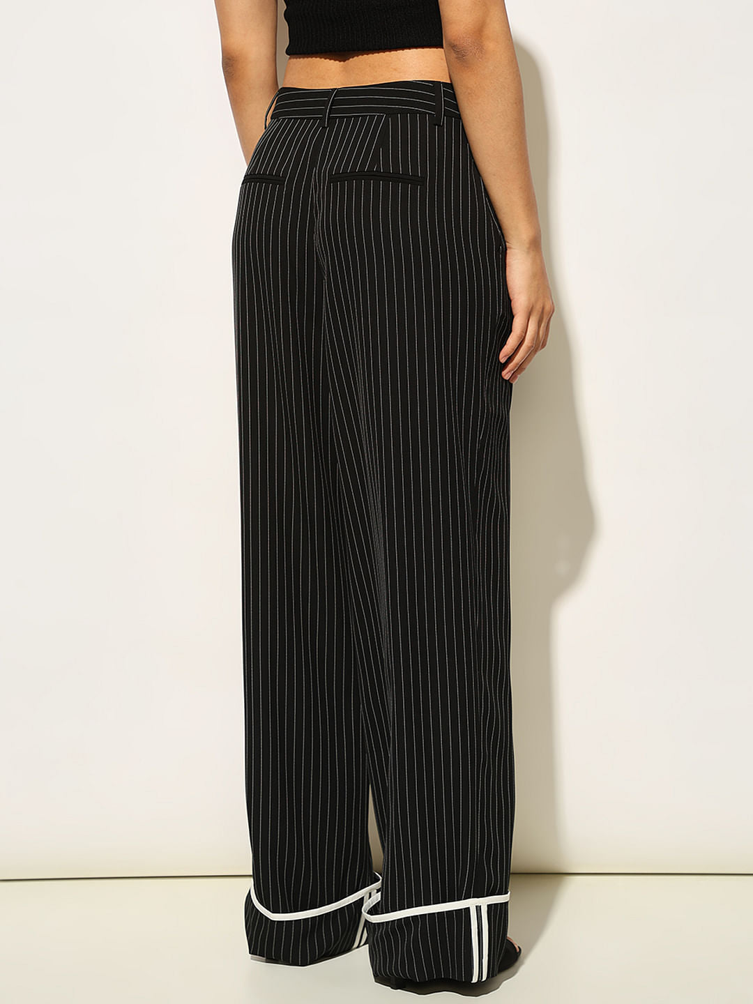 Black Striped Turn-Up Pants