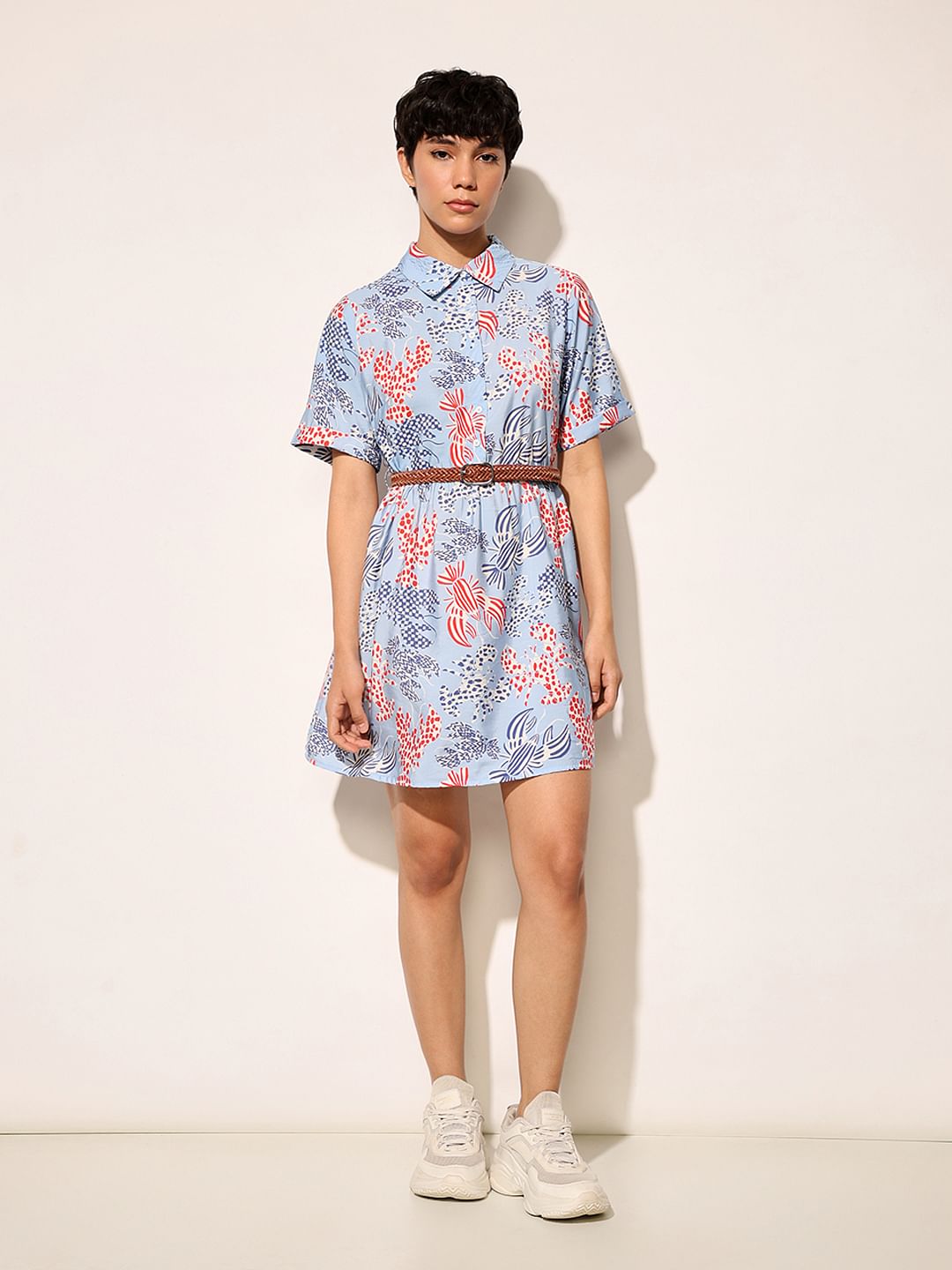 Blue Abstract Print Shirt Dress
