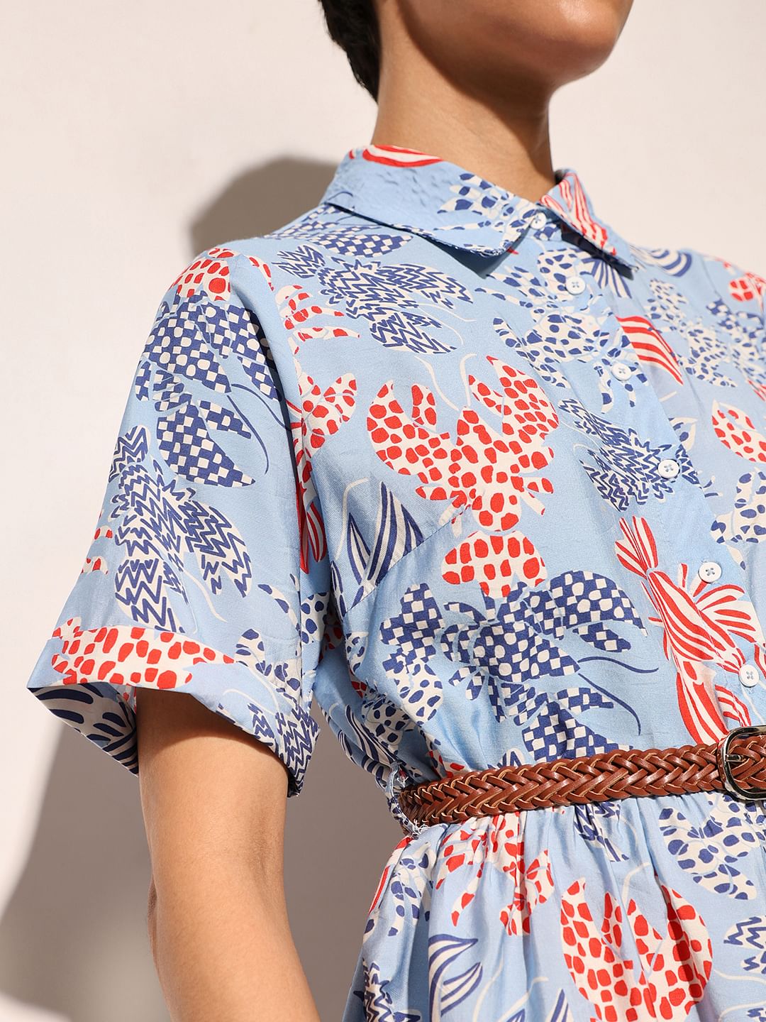 Blue Abstract Print Shirt Dress
