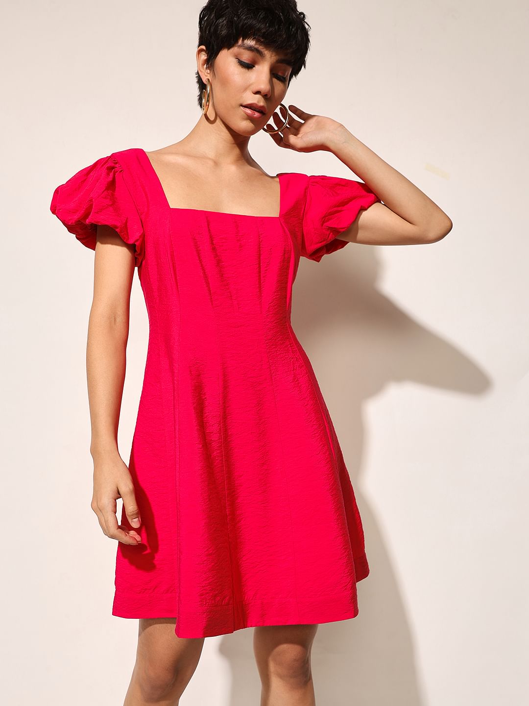 Red Balloon Sleeves Mini Dress