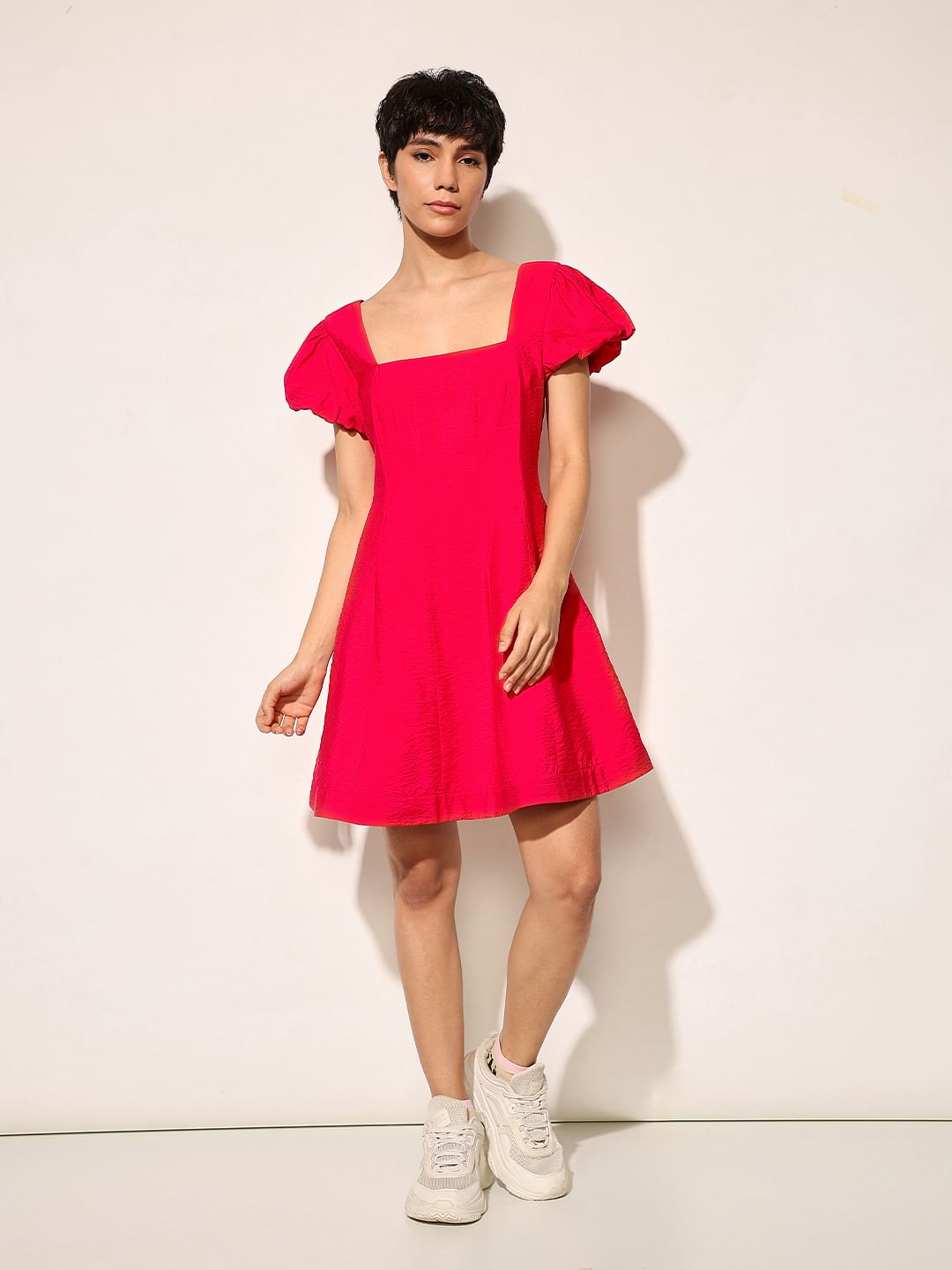 Red Balloon Sleeves Mini Dress