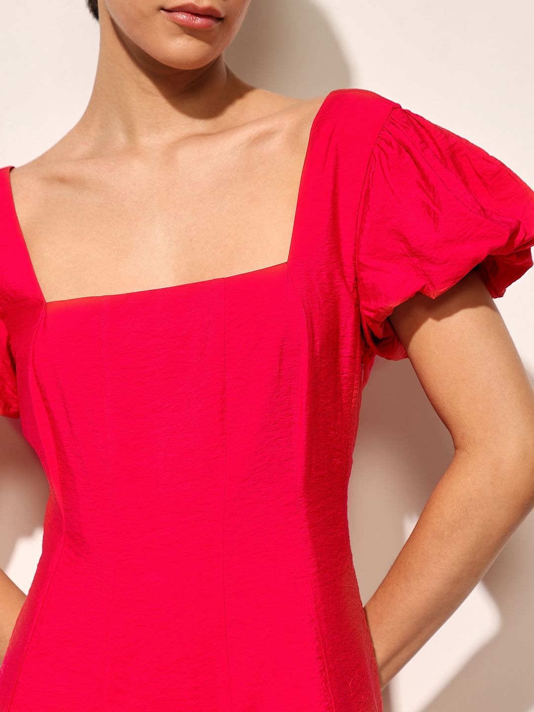 Red Balloon Sleeves Mini Dress