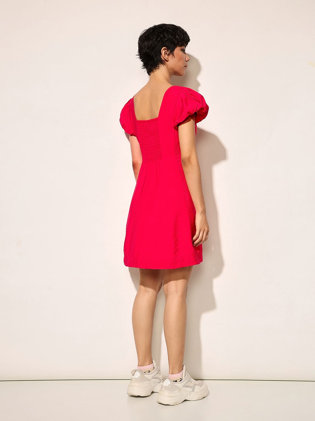 Red Balloon Sleeves Mini Dress
