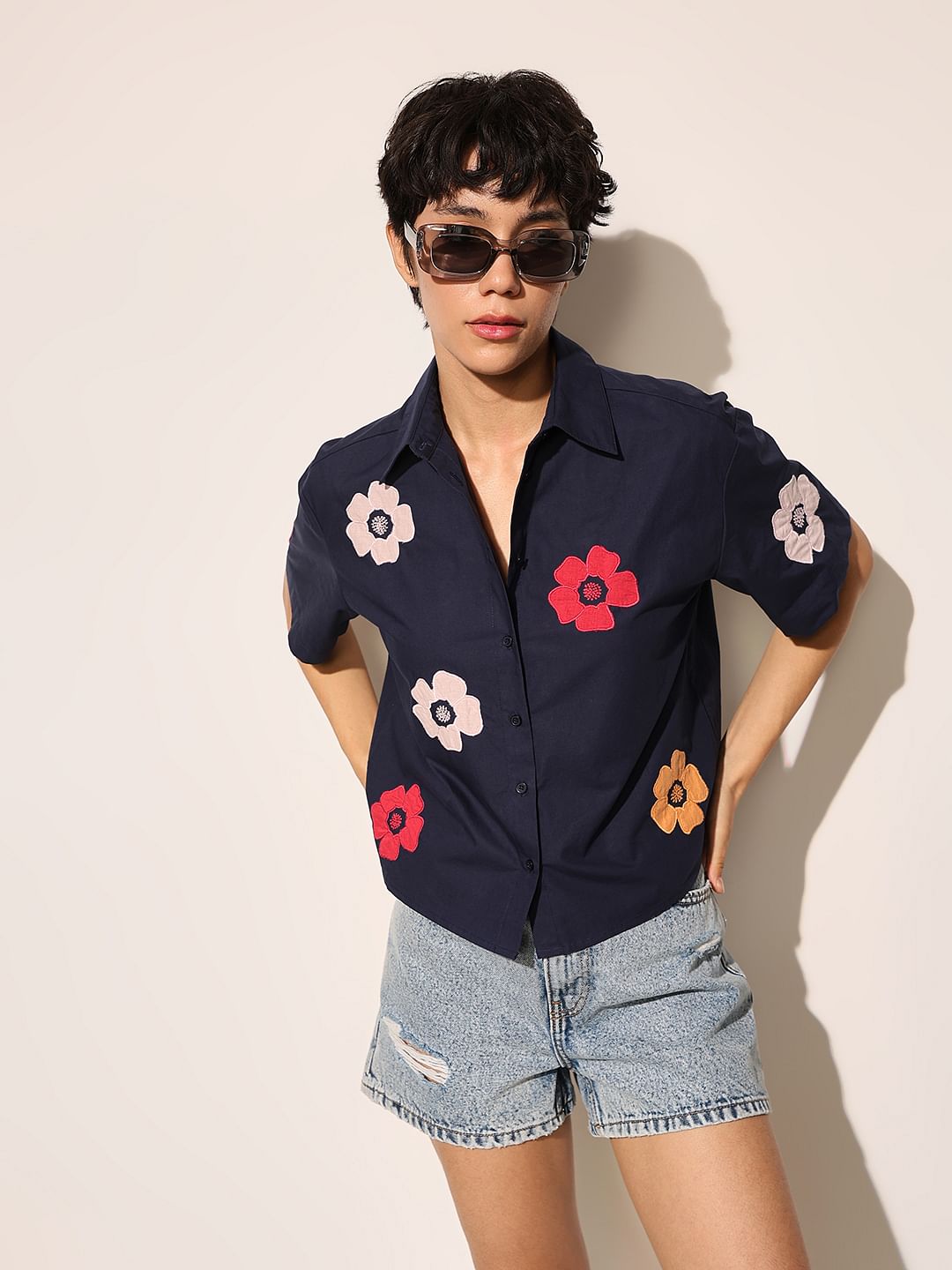 Navy Blue Embroidered Floral Shirt - Main Image