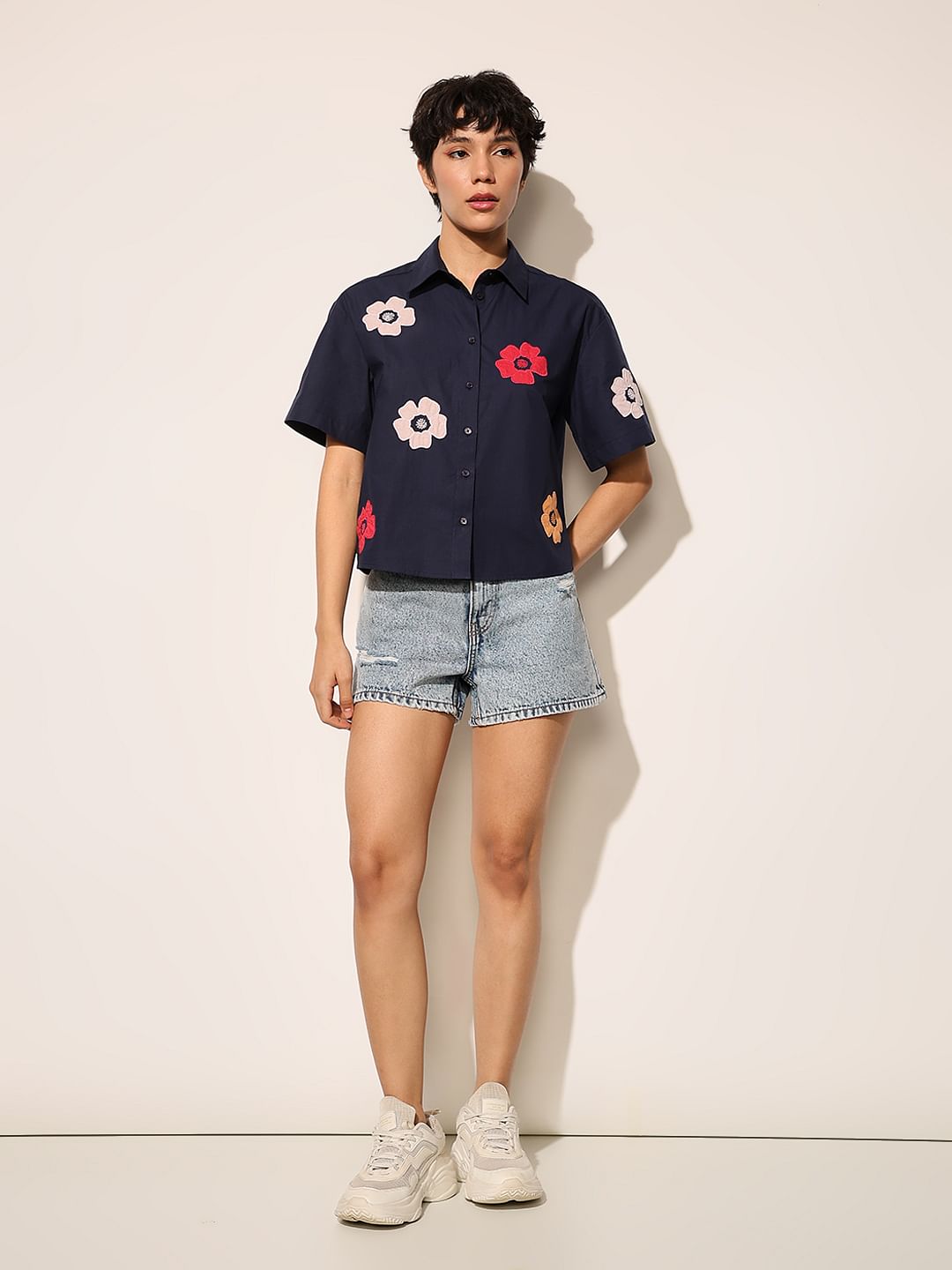 Navy Blue Embroidered Floral Shirt