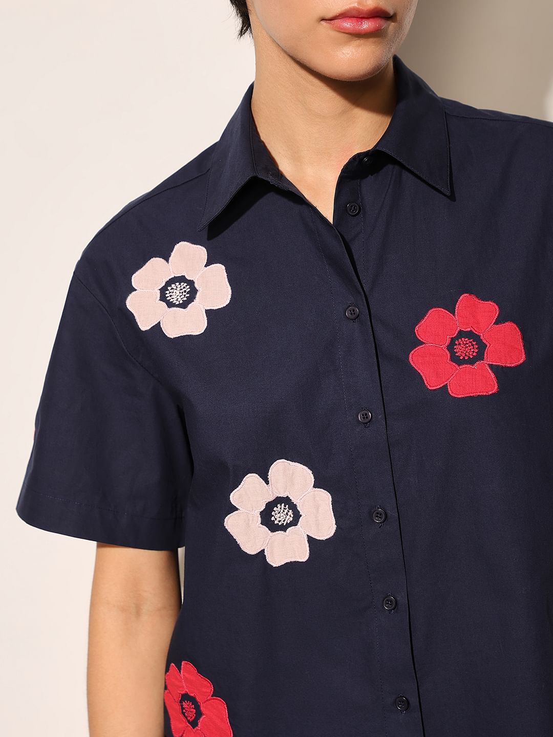 Navy Blue Embroidered Floral Shirt