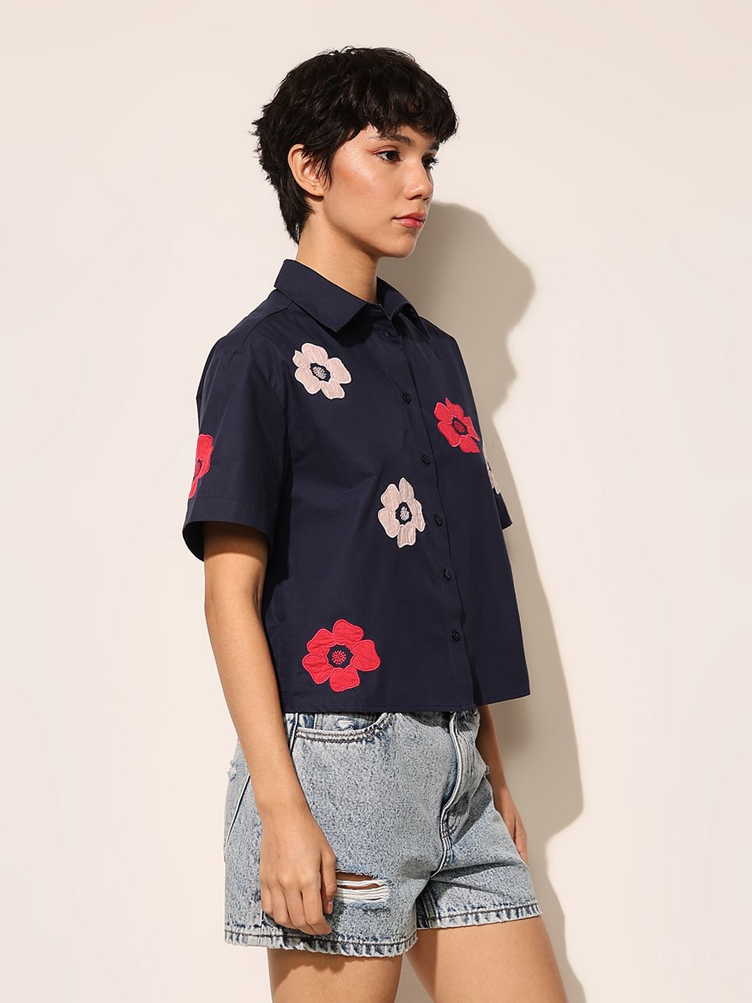 Navy Blue Embroidered Floral Shirt