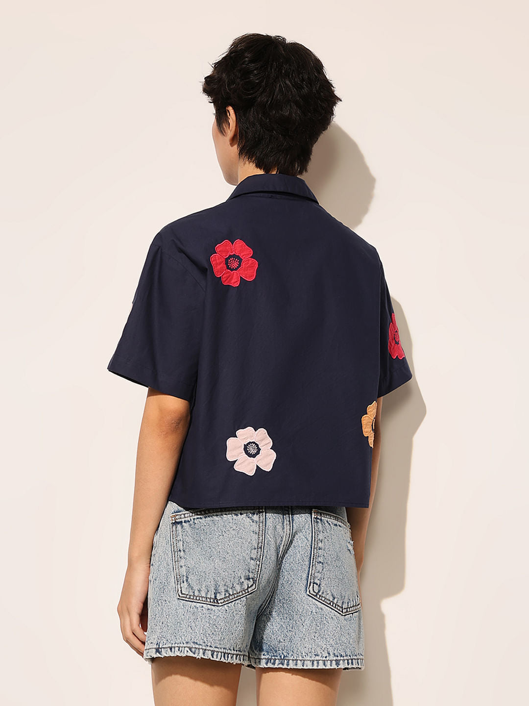 Navy Blue Embroidered Floral Shirt