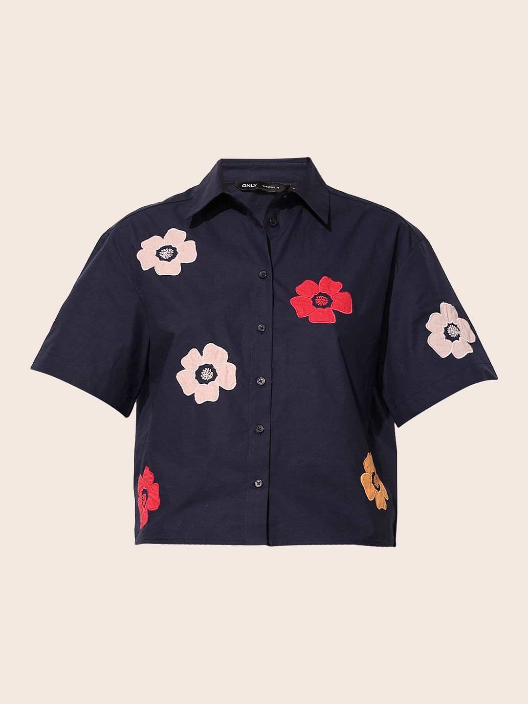 Navy Blue Embroidered Floral Shirt