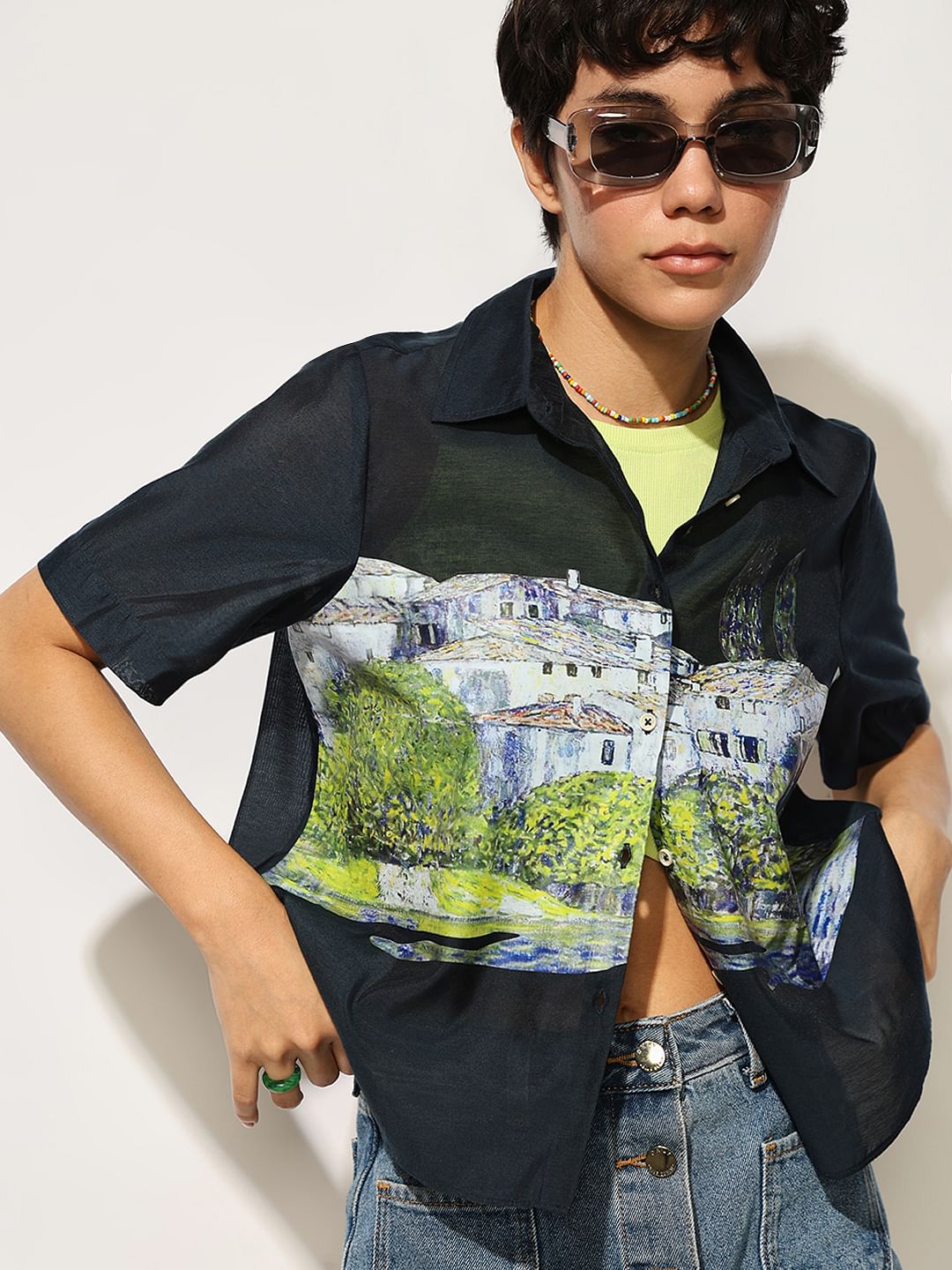 Navy Sheer Printed Shirt