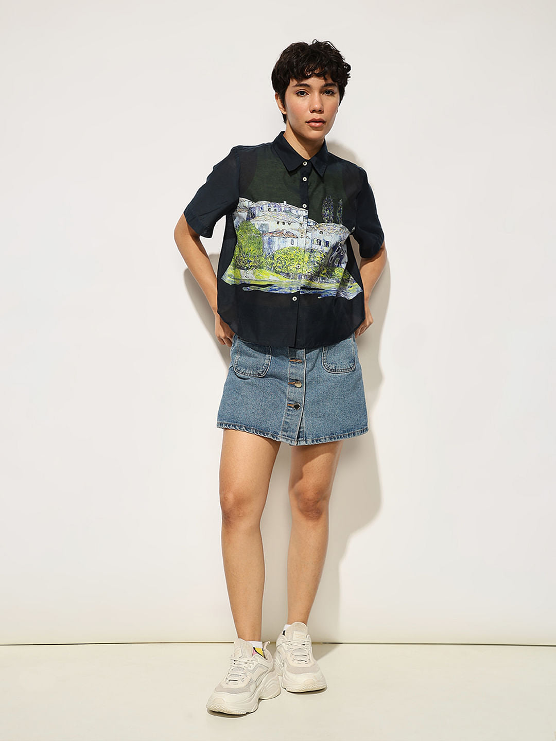 Navy Sheer Printed Shirt