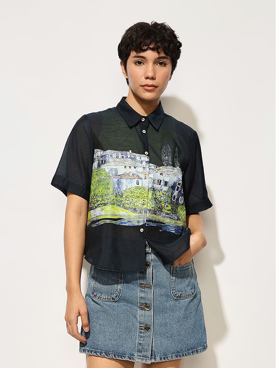 Navy Sheer Printed Shirt