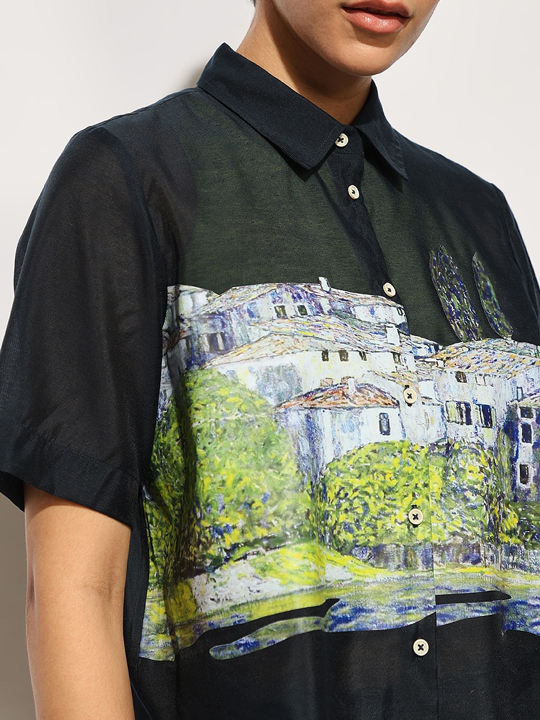 Navy Sheer Printed Shirt